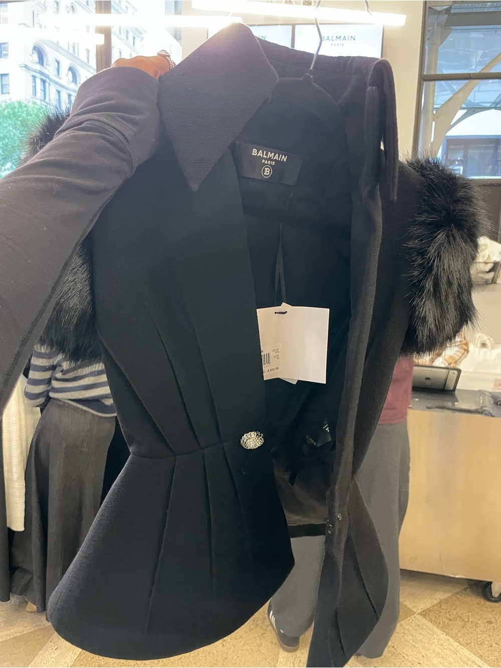 Balmain Black Wool Peplum Blazer with Fur-Trimmed Sleeves